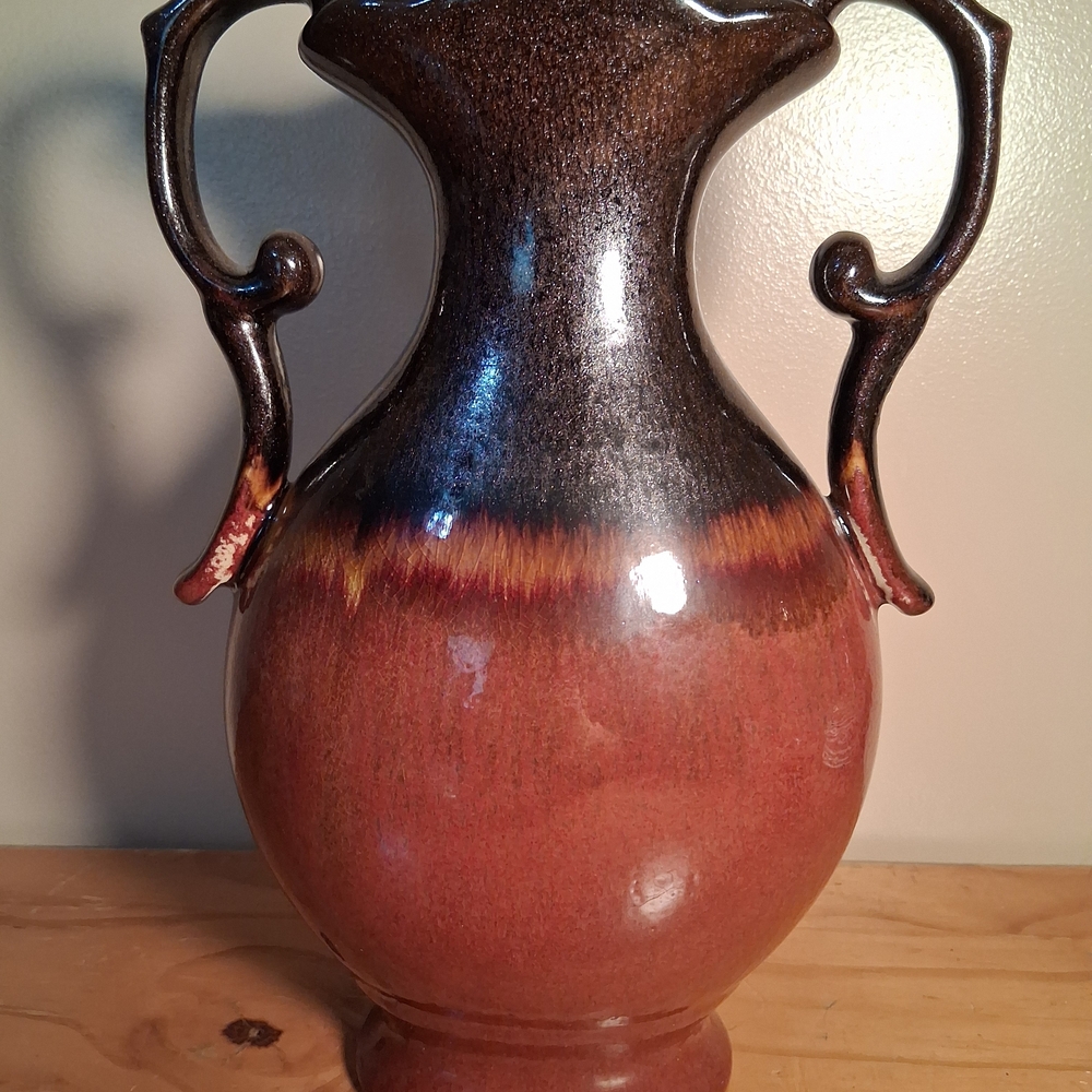 Source Unknown Brown and Red Vase Beautiful and Unique Piece.  11 & 3/4 X 8 X 4.